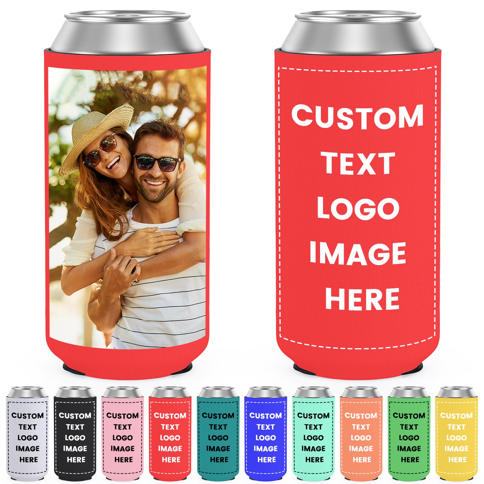 HooAmI Custom Slim Can Cooler Bulk Personalized Collapsible Insulated Neoprene Drink Holder Sleeves for 12 oz Skinny Cans and Bottles Wedding Reunions Birthdays Parties