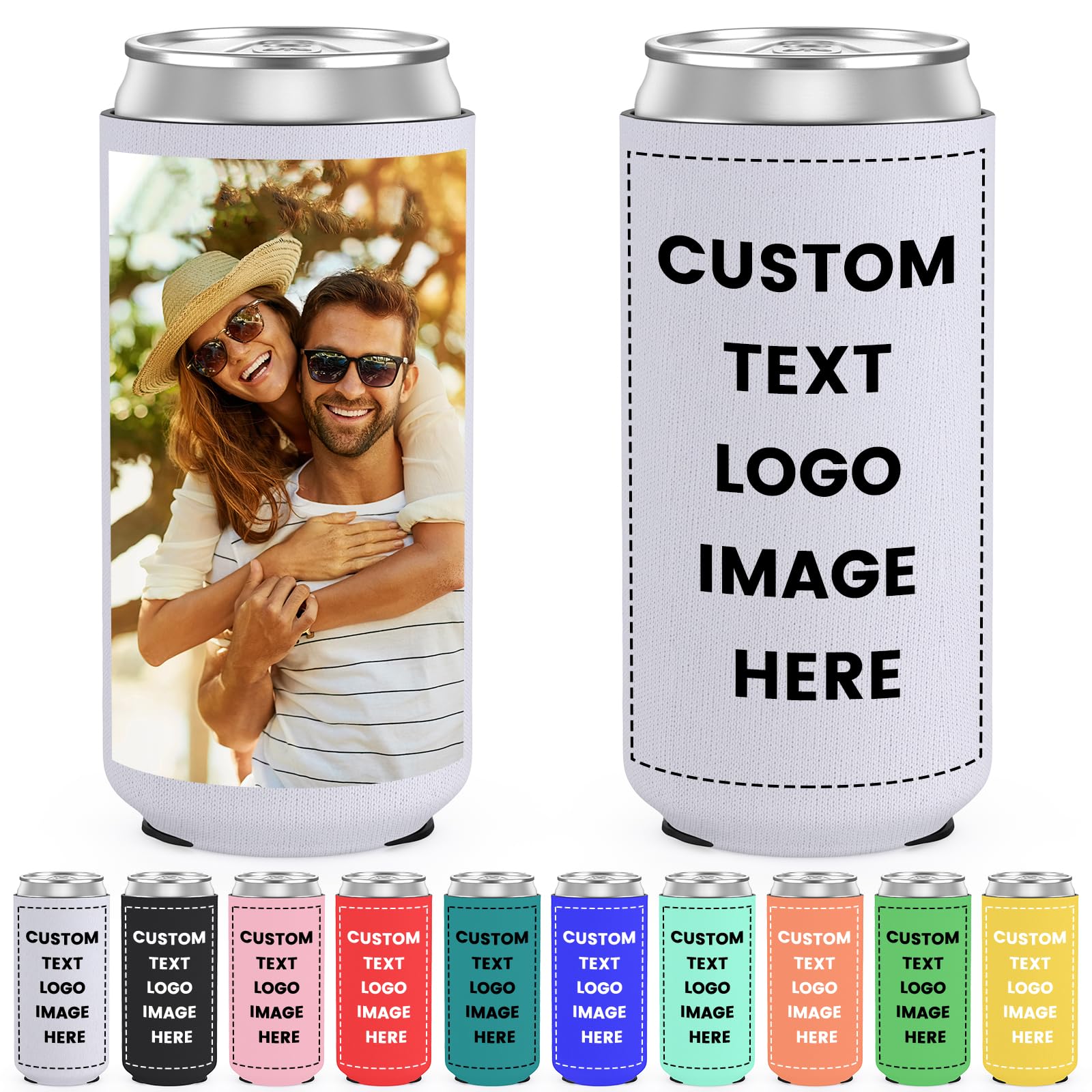 HooAmI Custom Slim Can Cooler Sleeves Bulk Personalized Insulated Neoprene Drink Holder with Logo Image Text for Wedding Birthday Party