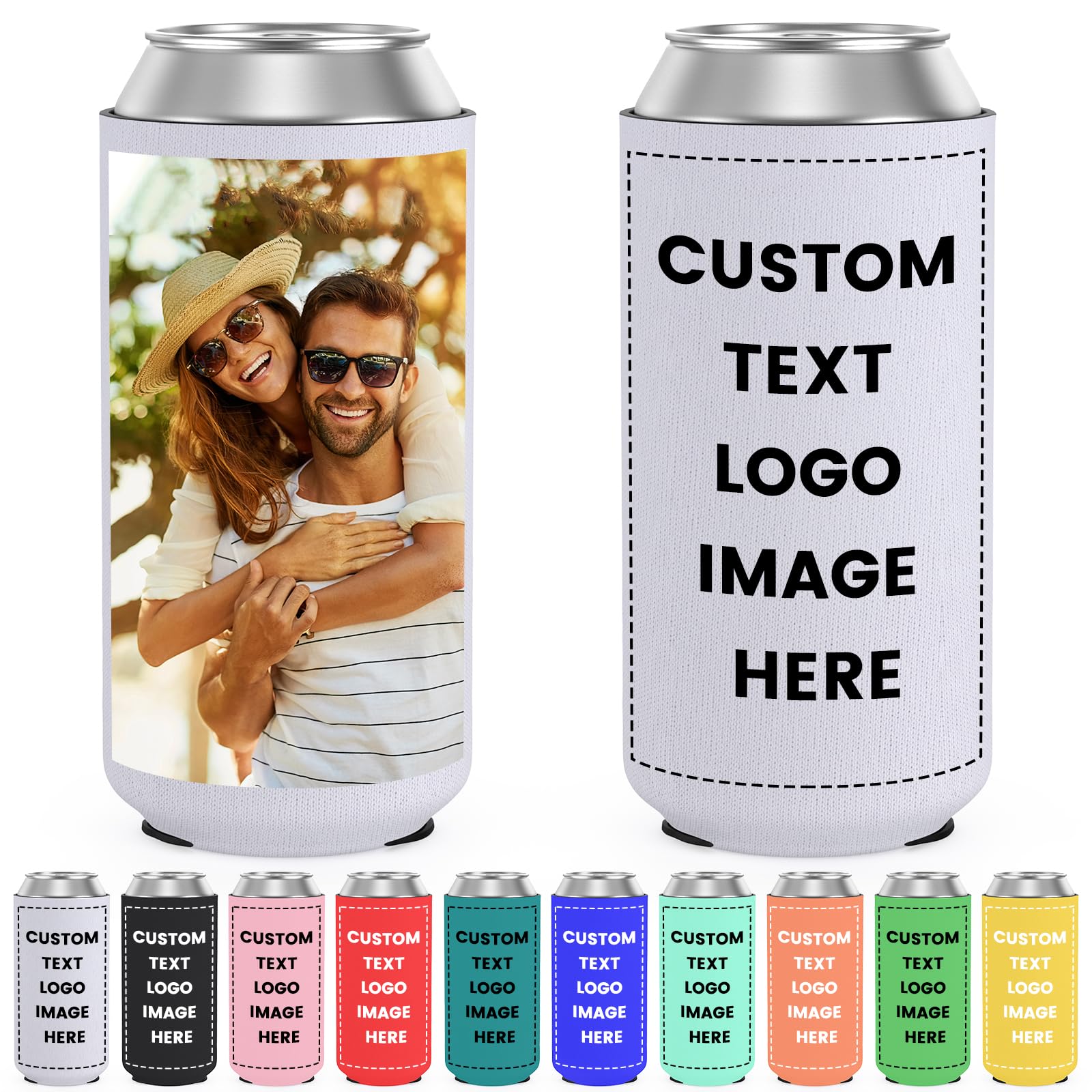 HooAmI Custom Slim Can Cooler Bulk Personalized Collapsible Insulated Neoprene Drink Holder Sleeves for 12 oz Skinny Cans and Bottles Wedding Reunions Birthdays Parties