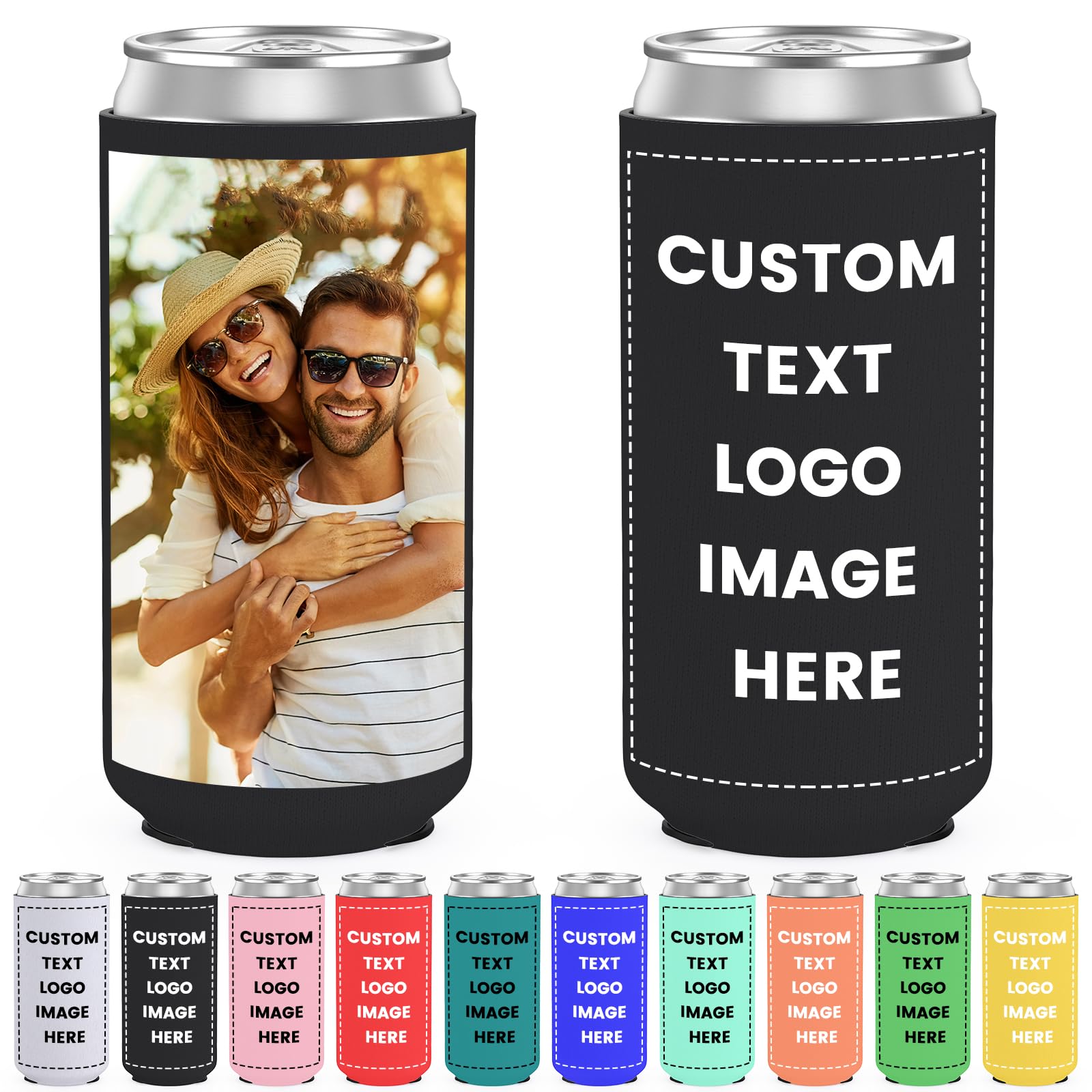 HooAmI Custom Slim Can Cooler Sleeves Bulk Personalized Insulated Neoprene Drink Holder with Logo Image Text for Wedding Birthday Party