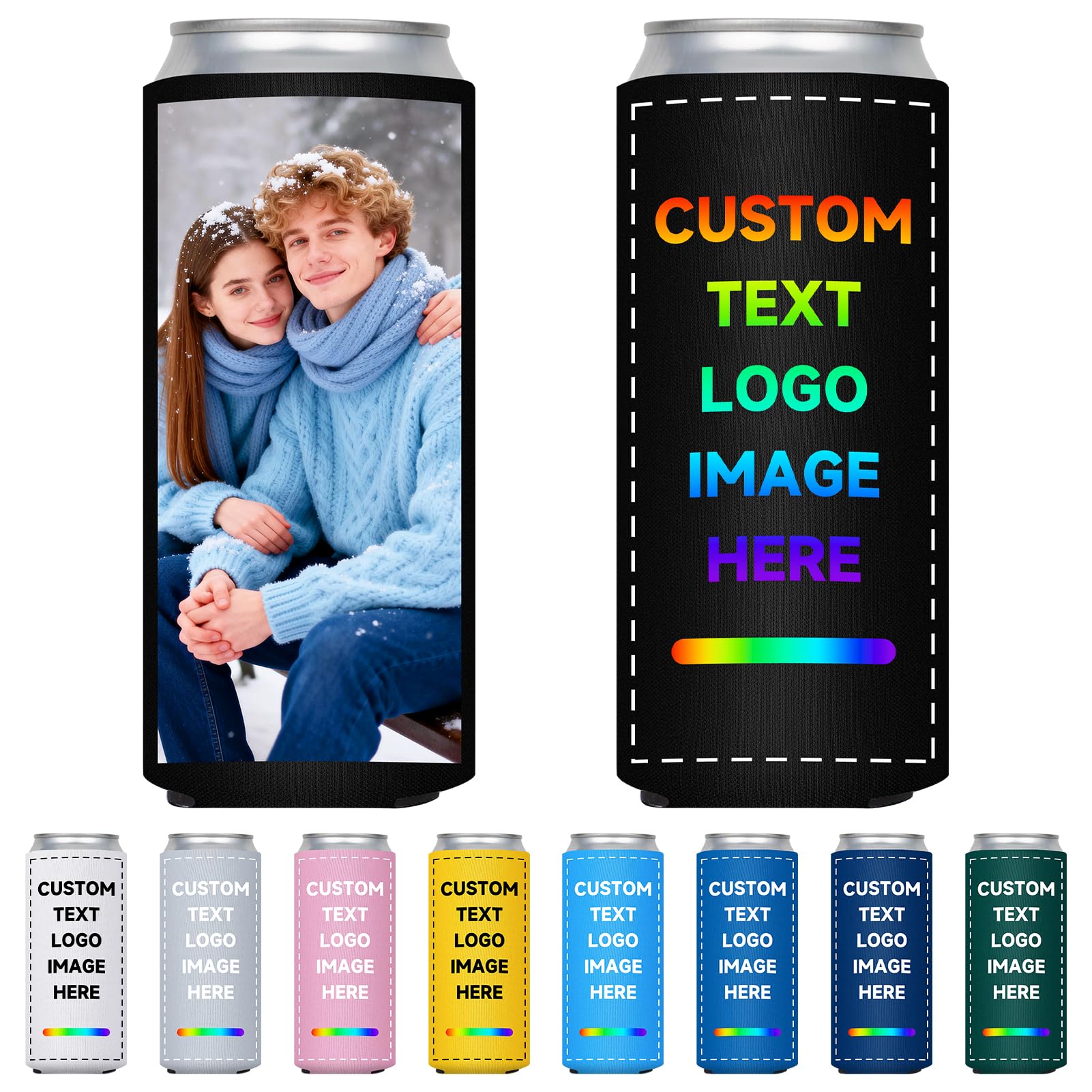 HooAmI Custom Slim Can Cooler Bulk Personalized Collapsible Insulated Neoprene Drink Holder Sleeves for 12 oz Skinny Cans and Bottles Wedding Reunions Birthdays Parties