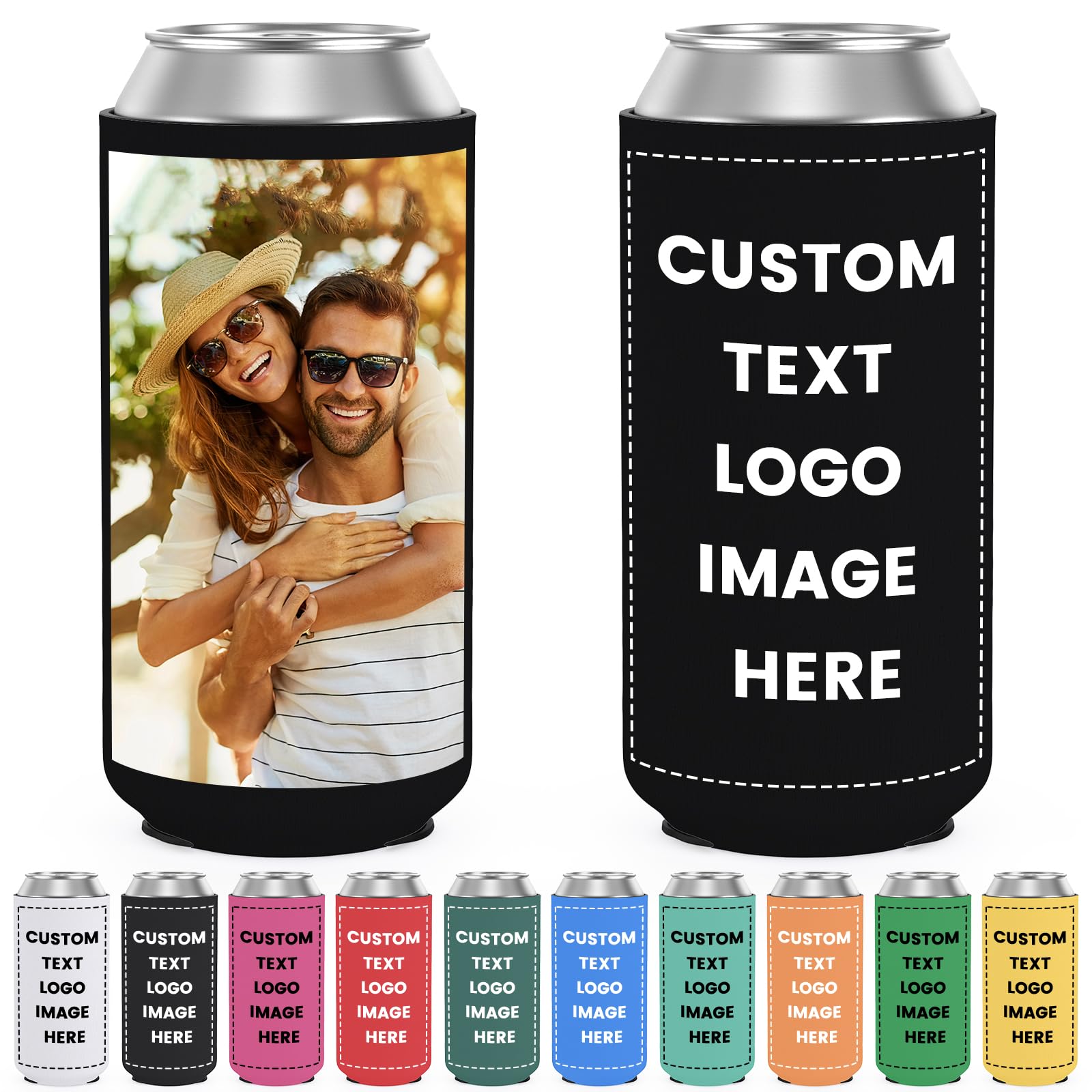HooAmI Custom Slim Can Cooler Bulk Personalized Collapsible Insulated Neoprene Drink Holder Sleeves for 12 oz Skinny Cans and Bottles Wedding Reunions Birthdays Parties